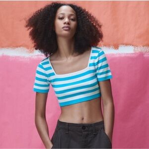 Zara Novelty Stretch Knot Cropped Top, NWT Teal White Stripe Square Neck Small